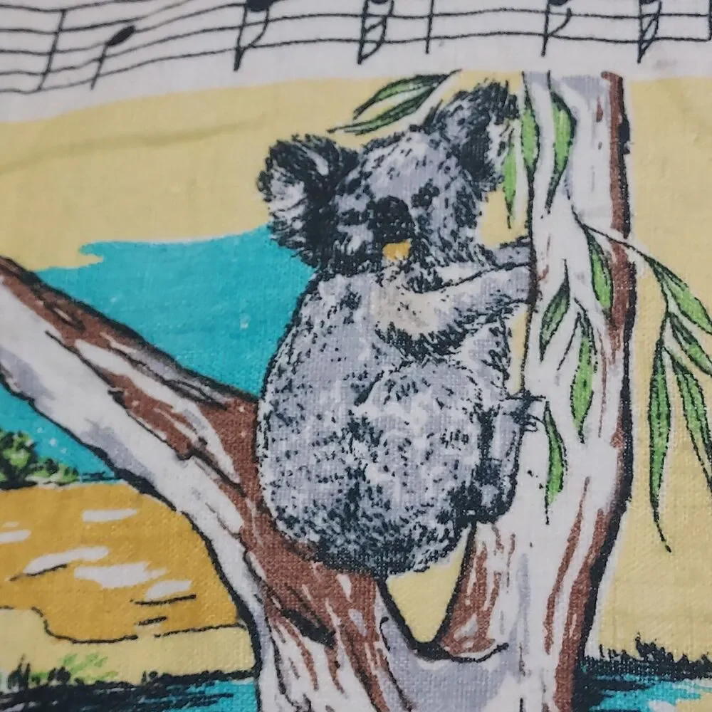 Vintage Linen Tea Towel Farmhouse Waltzing Matilda Kitchen Rag Australia Animals